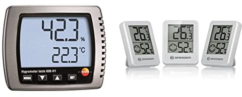 testo 608-H1 - Thermohygrometer & Bresser Thermometer Hygrometer Temeo Hygro Indicator 3er-Set zum Aufstellen oder zur Wandmontage mit Raumklima-Indikator, Weiss, 4.5x1.6x5.8 cm