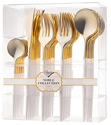 Decor Decorline - Ensemble de couverts réutilisables en plastique robuste - 40 pièces - Avec 16 fourchettes, 8 couteaux, 8 cuillères et 8 cuillères à dessert - Noble - Haut: Or - Poigné: Blanc