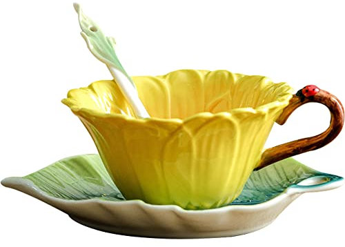 WAYUTO 3D-Keramik-Kaffeetasse und Untertassen-Set mit Löffel, Sonnenblume, Kaffeetasse, Teetasse mit dekorativem Griff, Vintage-Blumen-Trinkbecher, einzigartige Geschenke für Geburtstag, Hochzeit,