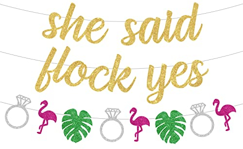 Flamingo Bachelorette Party Dekorationen, She Said Flock Yes Banner, Flamingo Diamond Ring Palmblätter Girlande für Tropical Hawaiian Luau Brautdusche Verlobung Hochzeit
