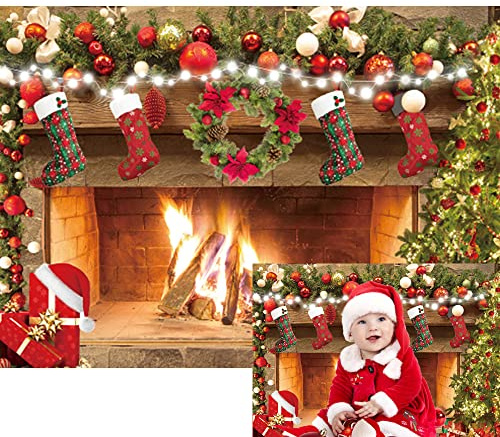 Christmas Fireplace Theme Photography Background Merry Christmas Socks Trees Family Party Decorations Photo Backdrop (7x5ft)