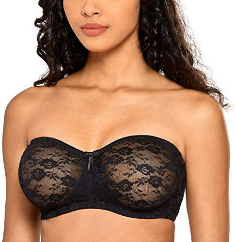 DOBREVA Women's Strapless Bras See Through Sheer Lace Non Padded Underwired Multiway Bra Black 42C