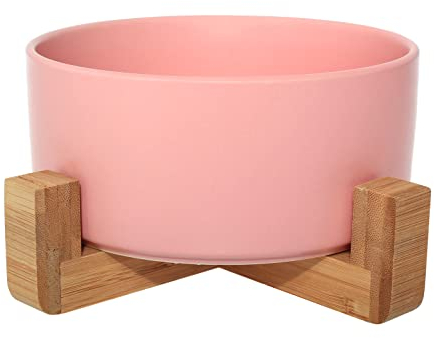 Ceramic Bowl with Bamboo Stand for Dogs & Cats, Raised Bowl for a Comfortable Position Whilst Eating & Drinking, Options, 850ml Capacity (Pink)