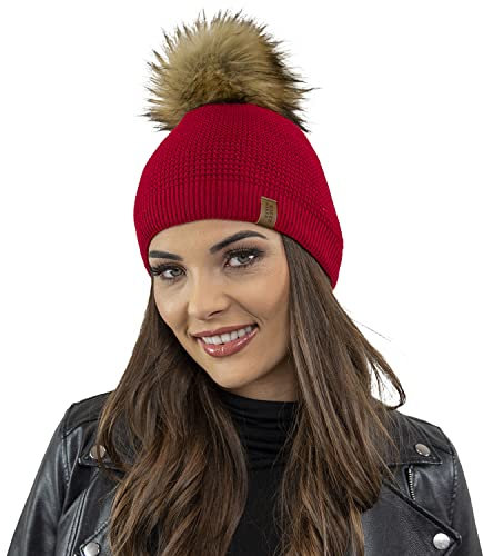 VIVISENCE Damen Bommelmütze Winter Wintermütze Warmem Garn Antistatische 7041, Rot,Einheitsgröße
