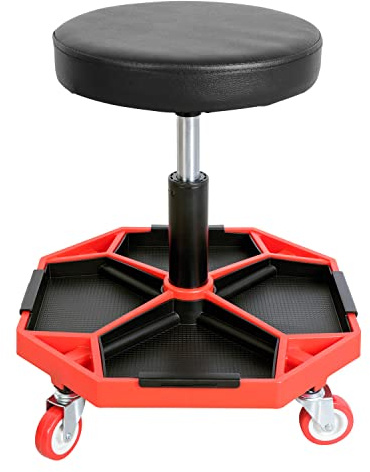 Torin ATRXF8308B Pneumatischer Mechaniker-Hocker/Rollladen-Kriechstuhl mit Verstellbarer Höhe und 4 abnehmbaren Werkzeugablagen, 136 kg Kapazität, Schwarz/Rot