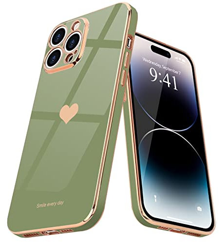 Teageo for iPhone 14 Pro Max Case Cute Heart Pattern for Women Girls Slim Luxury Bling Plating Soft TPU Anti-Scratch Shockproof Bumper Phone Case for iPhone 14 Pro Max, Light Green