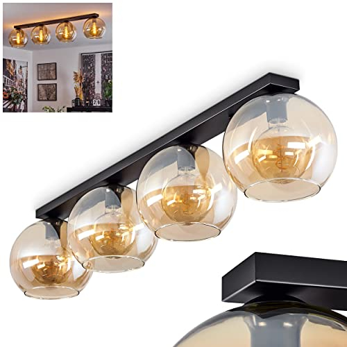 Deckenleuchte Koyoto, moderne Deckenlampe aus Metall/Glas in Schwarz/Bernsteinfarben, 4-flammige Leuchte im Retro/Vintage-Design mit Schirmen aus Glas (Ø 25 cm), 4 x E27, ohne Leuchtmittel