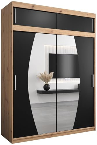 MEBLE KRYSPOL Elypse 180 Schlafzimmerschrank mit Zwei Schiebetüren, Spiegel, Kleiderstange und Regalen – 180x240x62cm - Artisan + Mattschwarz mit Verlängerung