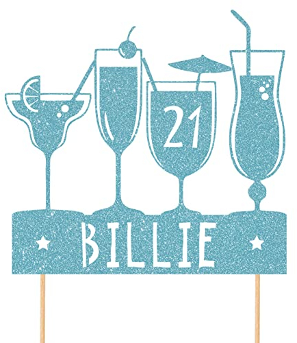 Personalised Cocktail Glitter Cake Topper - Light Blue Any Custom Name & Age Gin Vodka Glitter Cake Decoration and Sprinkles - Happy Birthday Decorations - Personalised Toppers for Cakes by Cakeshop