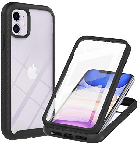 Knoowcase for iPhone 11 Case Built-in Screen Protector iPhone 11 Phone Case Shockproof Full Body Protection Rubber Bumper Stylish Clear Rugged Back Shell Case, Black