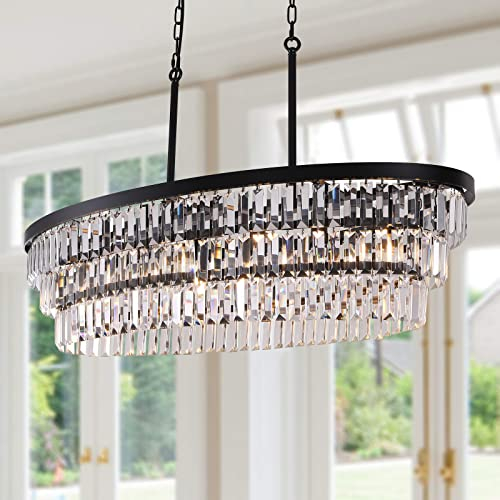 TOCHIC Kristallleuchter Schwarz Kronleuchter 6-Licht 102cm-lang Modern Kristall Pendelleuchte Esstisch Hängend Deckenleuchte Lüster Wohnzimmer Hängeleuchte Landhaus Hängelampe Oval