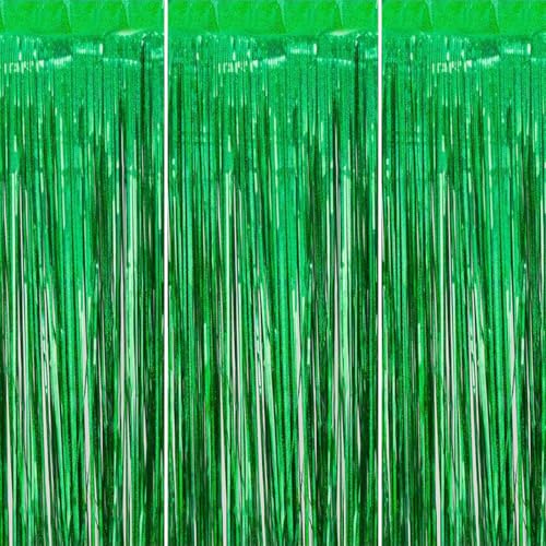 O-Kinee Lametta Vorhänge Grün,Party Vorhang 3 Stück, Folienfransen Glitzervorhang 1m x 2m Tinsel Curtain,Fotowand Hintergrund Dekoration für Party,Geburtstag, Hochzeit, Happy Birthday, Festivals Deko