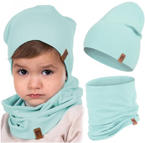 HEYO Kinder Set Beanie Mütze Schlauchschal Baumwolle Rundschal weich Mädchen Jungen Herbst Frühling Frühlingsset Herbstset (Türkis)