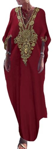 Bsubseach Broderie Or Robes Longues Kaftan Col V Robe Caftan Couverture de Plage Bikini Coverups pour Femme Marron