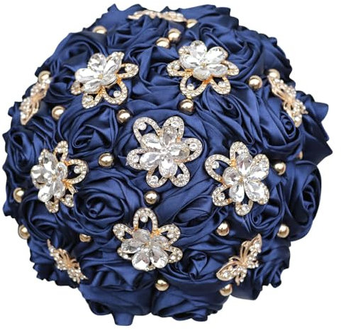 Ailan Künstliche Blumen und Pflanzen, Hochzeitsstrauß, realistisch und langlebig, pflegeleicht, Seidensatin, Rosen Brautstrauß, elegant, Dunkelblau