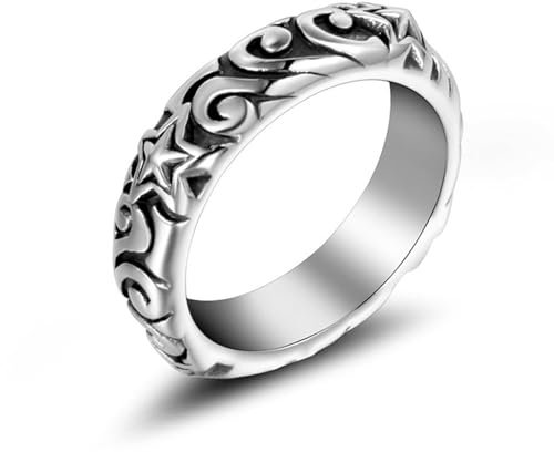Verlobungsring Edelstahl, Männer Ring aus Edelstahl Vintage Ring mit Filigran und Stern geprägt 6MM, Silber, Größe 52 (16.6)