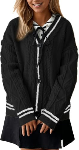 PANOZON Damen Strickjacke Pullover V-Ausschnitt Button Down Stern Muster Langarm Strick Lose Mantel, 2-Schwarz, X-Groß