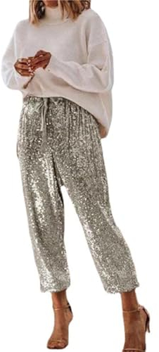 Pailettenhose Damen Gold: Pailletten Hose Damen Silber-Freizeithose Elegant Sommmerhose Baggy Jogginghose Glitzer-Hose Mit Tunnelzug Party-Hosen Disco Mode Pants Vintage Tanzhosen FüR Frauen Yogahose