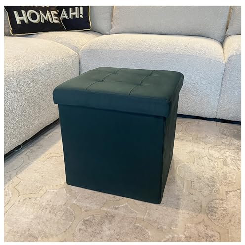Home Luxe Luxurious Foldable Green Square Brushed Velvet Storage Box Seat Ottoman