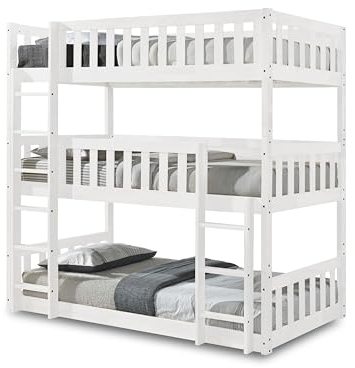 Humza Amani Lydia Triple Bunk Bed With Ladder in WHITE, Wooden High Sleeper Kids Bunk Bed, Solid Rubberwood Bed Frame, Children's Bedroom Furniture