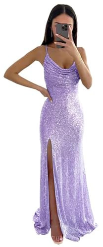 KURFACE Vestido de graduación brillante de talla grande para mujer, invitada de boda, con lentejuelas brillantes, vestido largo WSX487, lila, talla 36