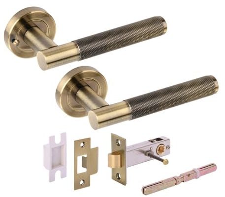HANDLEZONE® Evo Knurled Grip Privacy Lever On Round Rose Door Handles, with Privacy Latch, for Bathroom, Toilet, WC Doors, 1 Set - Antique Bronze