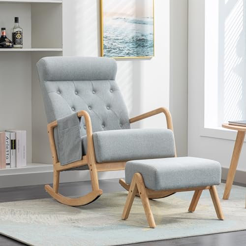 ideasy Fauteuil a Bascule avec Repose-Pieds, Fauteuil Allaitement berçante rembourrée avec accoudoirs et Repose-Pieds, pour Salon, Chambre de bébé, Chambre à Coucher, Gris