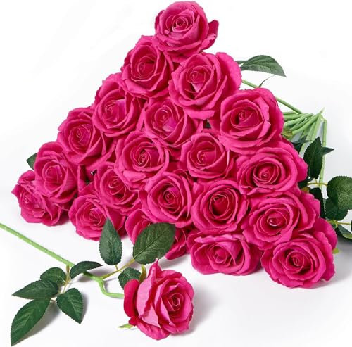 Serwalin 20pcs künstliche Seidenrosen Blumen Hot Pink künstliche Rosen Langen Stielen realistische gefälschte Rosen Blumen DIY Hochzeit Bouquet Arrangement Centerpieces Party Home Tischdekorationen