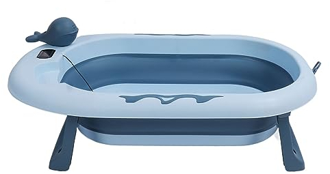 Baby-Badewanne, Zusammenklappbar, Baby-Badewanne mit Temperaturmessung, Faltbar, Dick, Zum Sitzen und Liegen, Badeeimer den Täglichen Gebrauch (Blau)