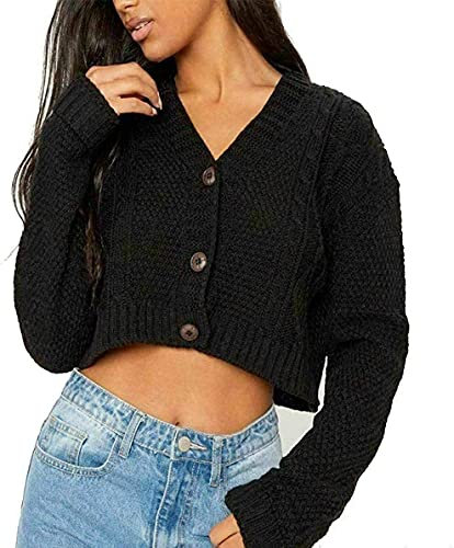 Women's Chunky Aran Cable Knitted 3 Button Cropped Grandad Cardigan, Ladies Casual Long Sleeve Short Crop Top Lightweight Pullover Warm Sweater Jacket Pary Wear UK Size S-L, Black-S-M