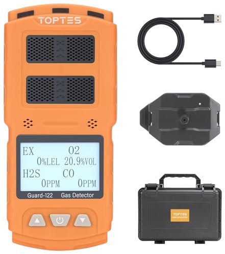 TopTes Guard-122 Gasdetektor, 4-Gas-Monitor für H2S, CO, LEL und O2, Multi-Gas-Detektor (Vibrations-, Hör- und Sichtalarme), Sicherheit Explosionsgeschützt, Gasmonitor für Arbeit, Zuhause