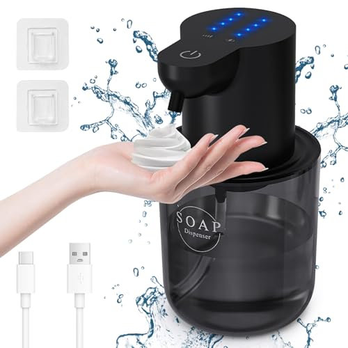 Cuteefun Dispensador Jabon Automático Espumoso, 400ml Dispensador de Jabón Recargable, Dosificador Jabon Pared con Control de 4 Niveles, Indicación del Nivel de Batería, para Baño, Cocina, Negro
