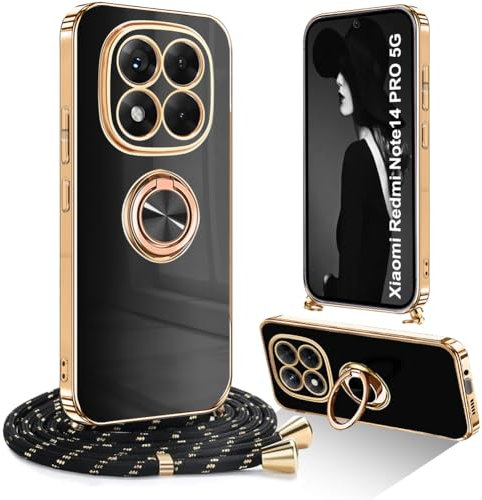 Ptny Coque avec cordon pour Xiaomi Redmi Note 14 Pro 5G Coque avec fermeture à paillettes Phnom Penh Design avec anneau support magnétique de voiture, étui avec collier réglable, noir