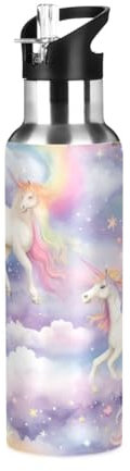 OWFKAY Bottiglia d'acqua isolata sottovuoto in acciaio inox thermos bottiglia d'acqua manico cannuccia coperchio a prova di perdite bottiglie sportive in metallo termico unicorno coda arcobaleno