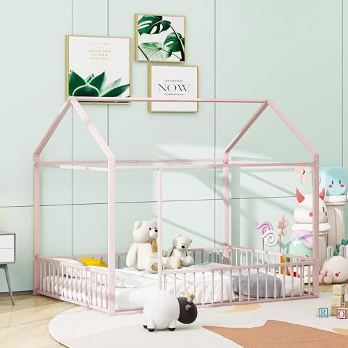 Kinderbett Bodenbett Hausbett 140x200, Metallbett Doppelbett Montessori Bett Bed Gitterbett mit Rausfallschutz und Dach, Bettgestell Spielbett Jugendbett Bettenhaus, Ohne Matratze und Lattenrost, Rosa