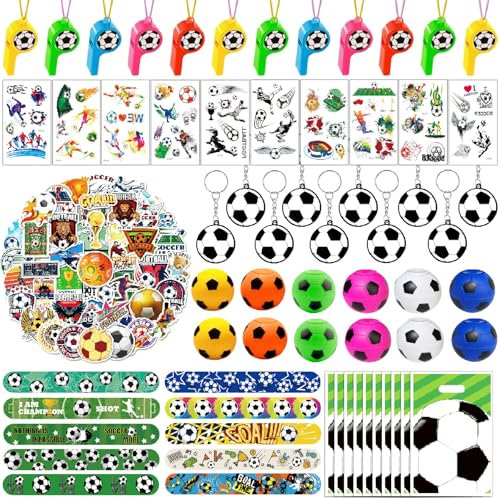 Seamart 114 Stück Fußball Party Mitgebsel Kinder mit Schlüsselanhänger, Armband, Fußball Drehen, Trillerpfeife, Tattoos, Partei Geschenk Taschen, Mitgebsel Kindergeburtstag Fussball