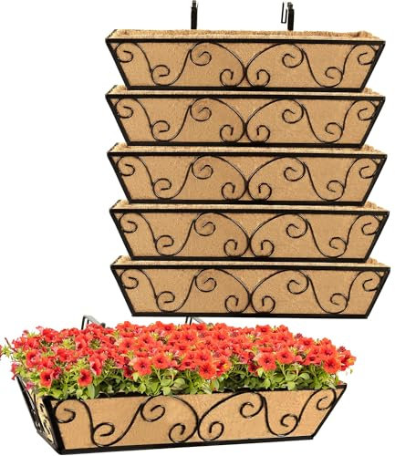 HFHOME Set of 6 24/60.9cm Wall Trough Rail Planters, Metal Butterfly Planter Box with Coco Liner, Long Flowerpot for Railing Window Box Porch Balcony & Outdoor Fences