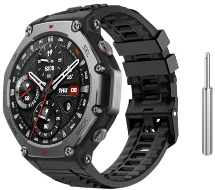 Astorgos Cinturino Compatibile con Amazfit T-Rex 3, Cinturino Sportivo di Ricambio in Silicone Morbido con Cacciavite per Uomo Donna, Nero