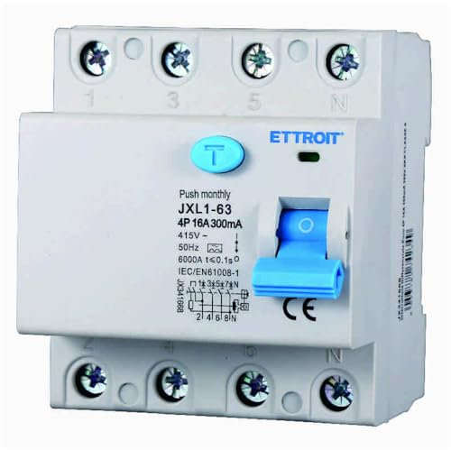 Interruttore magnetotermico differenziale puro 4P, 4 moduli, Tipo AC, 380Vac, 16A, 300mA, 6KA, classe A - Ettroit JX341668
