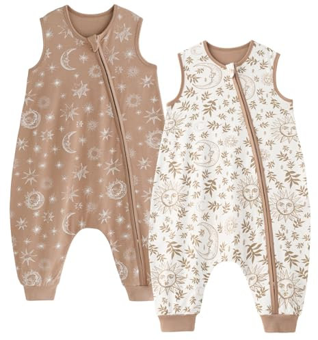Unnivoll Baby Schlafsack mit Füßen 1,0 Tog Schlafsack Baby Sommer 2er Pack Baumwolle Schlafsack mit Beinen Babyschlafsack Weich 80 cm für Jungen Mädchen Beige Sonne