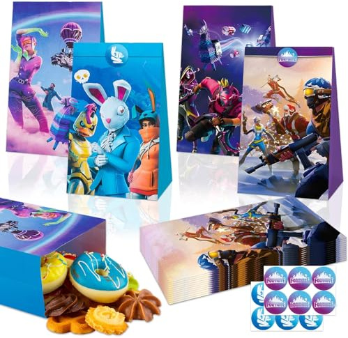 Game Geschenktüten- 12Pcs Gaming Papiertüten mit 12 Aufkleber Sticker Kinder Party Geschenktüte Mitgebsel Kindergeburtstag Candy Bar Süßigkeiten Tüten Geschenken Giveaways Party Bags Supplies