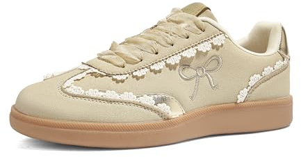 LUCKY STEP Scarpe da Ginnastica Casual con Lacci per Donna – Nastri in Organza, Moda Vintage, Suola in Gomma, Trendy e Carine (Beige/Oro, 7US-37EU-4UK)