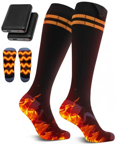 Rechargeable Heated Socks 5V for Men and Women, Electric Heating Socks with 5000mAh Battery & 4 Temperature Levels, Washable Thermal Socks for Skiing, Hiking, Hunting & Outdoor Winter Use, Orange