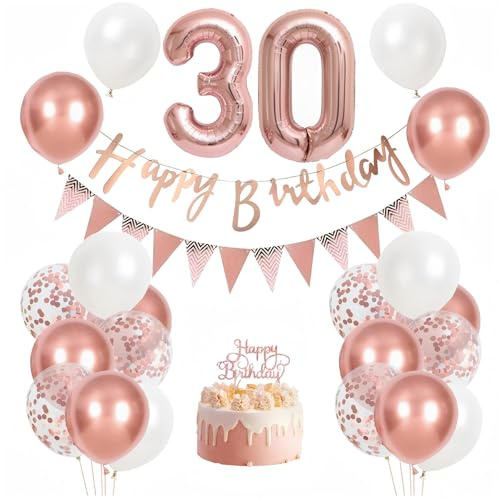 30th Birthday Decorations for Women – Rose Gold Party Set with Happy Birthday Banner, Number 30 Foil, Pink and White Latex, Confetti Accents and Cake Topper | Elegant Party Decor Kit