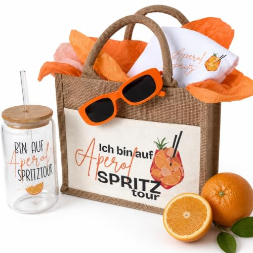 Aperol Spritz Geschenkset | Jutetasche mit Aperol T-Shirt Damen, Trinkglas mit Strohhalm | Sommer Geschenke für Frauen & Festival Zubehör | Aperol Geburtstagsgeschenk für Frauen, JGA