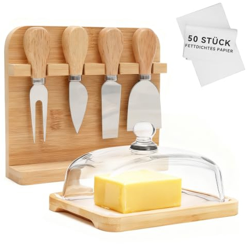 Lot de 50 beurriers en verre avec couvercle et couteau, pour plan de travail avec support pour couteaux à fromage (4 couteaux)