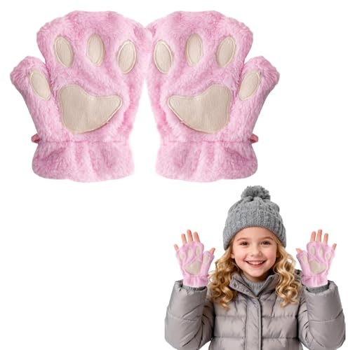 EQLEF Gant Chat Griffe, Gants Sans Doigts Mitaine Filles Patte de Chat Mignon Gants en Peluche D'hiver Chauds Gant Cosplay pour Enfants et Filles