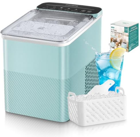 FOHERE Eiswürfelmaschine Klein, Ice Maker mit Selbstreinigung, 2 Größenwahl | 14 kg/24h, 9 Eiswürfel in 5 Min, Geriffeltes Design, Großer Sichtdeckel, inkl. Schaufel & Korb, für Küche, Büro, Bar, Party