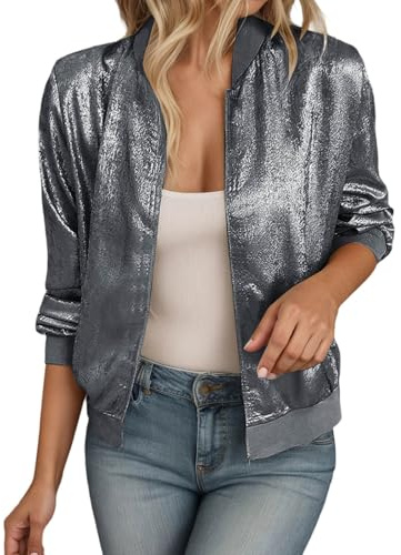 Kswlwccpp 2026 Bomberjacke Damen - Glitzer Blouson Jacke Kurze Elegant Frühlingsjacke Pailletten Metallic Fliegerjacke Pilotenjacke Party Pailettenjacke