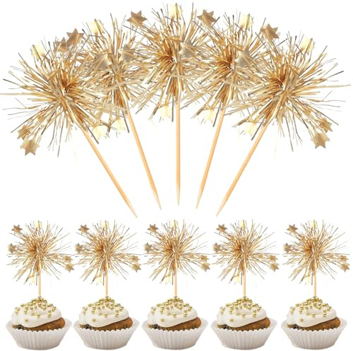 MINUBIN 40 Stück Happy Birthday Foil Feuerwerk Deko, Muffin Deko, Tortendeko Geburtstag, Cupcake Tortendeko, Kuchen Dekoration für Geburtstag Hochzeit Babyparty Abschluss (Gold)
